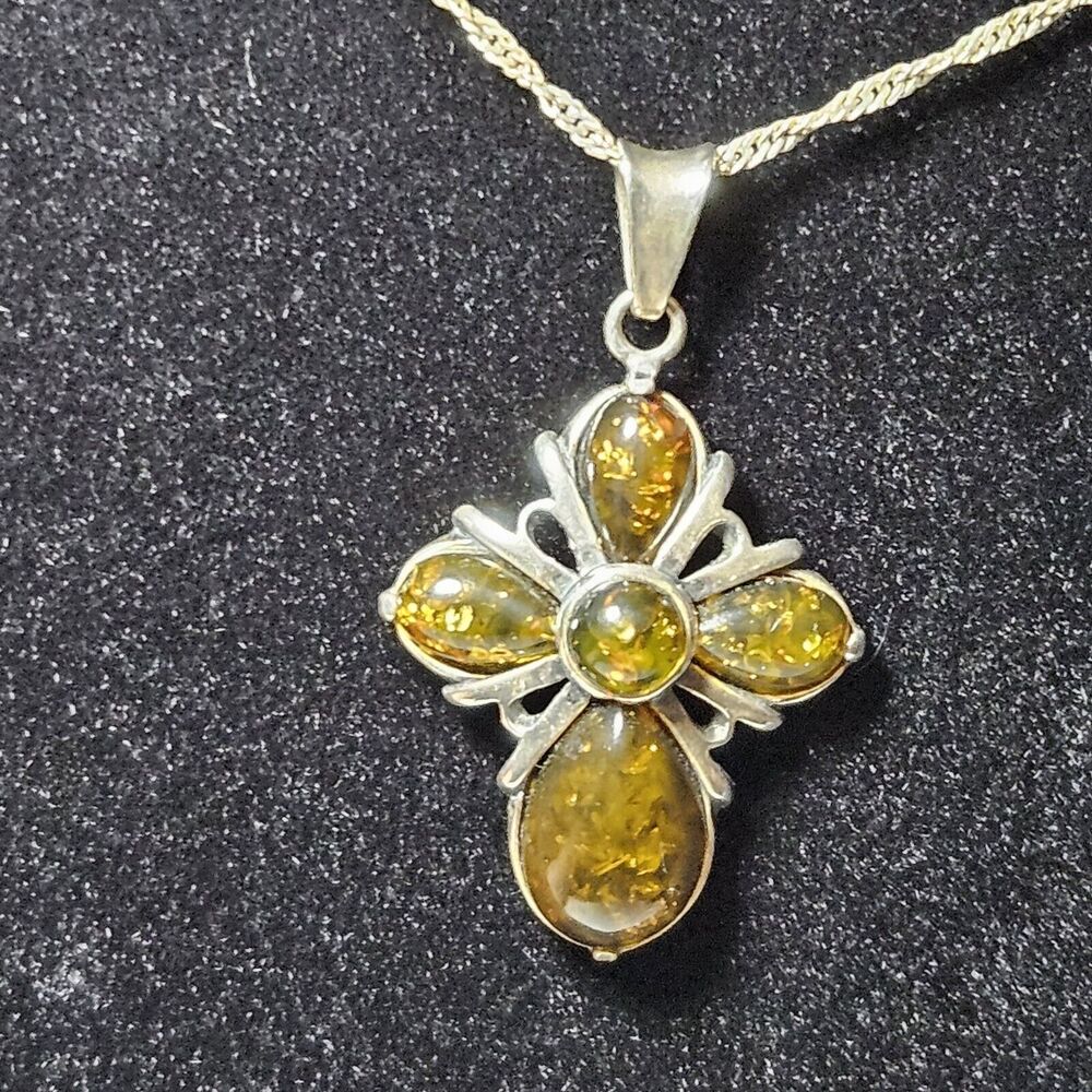 Vintage Sterling Silver Amber Cross Pendant Necklace Yellow Golden 18" - Picture 2 of 15